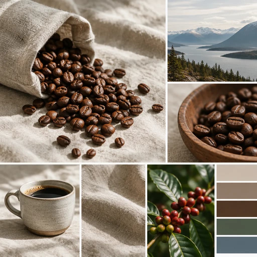Roasted coffee beans spread on undyed linen in soft daylight