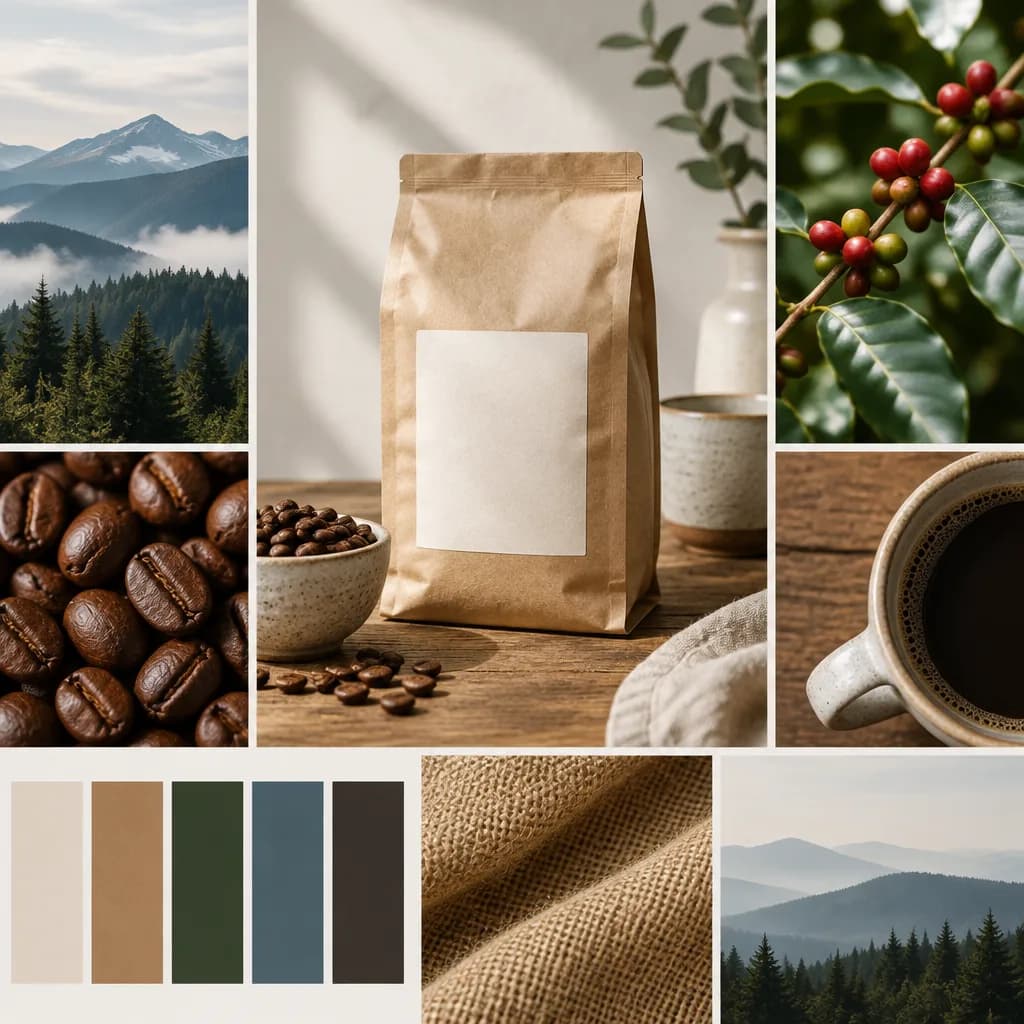 A kraft paper coffee bag with a blank label in soft daylight