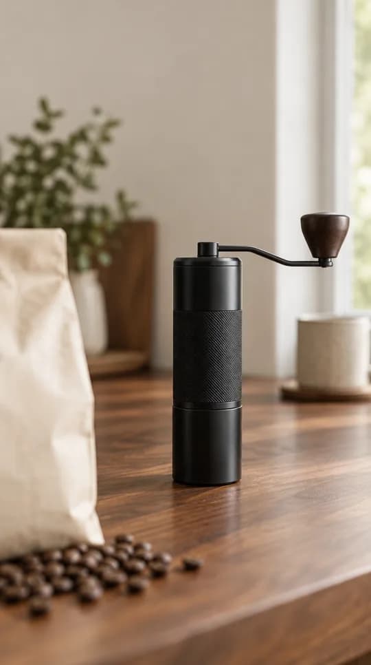 A matte black hand grinder on a walnut counter, a cream bag of beans blurred at the left