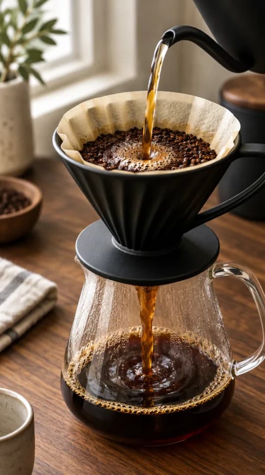 A kettle pouring into a black dripper over a glass carafe, coffee streaming through
