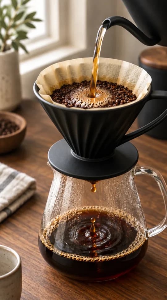The same pour-over set-up from the same angle, with a thinner drip into the carafe