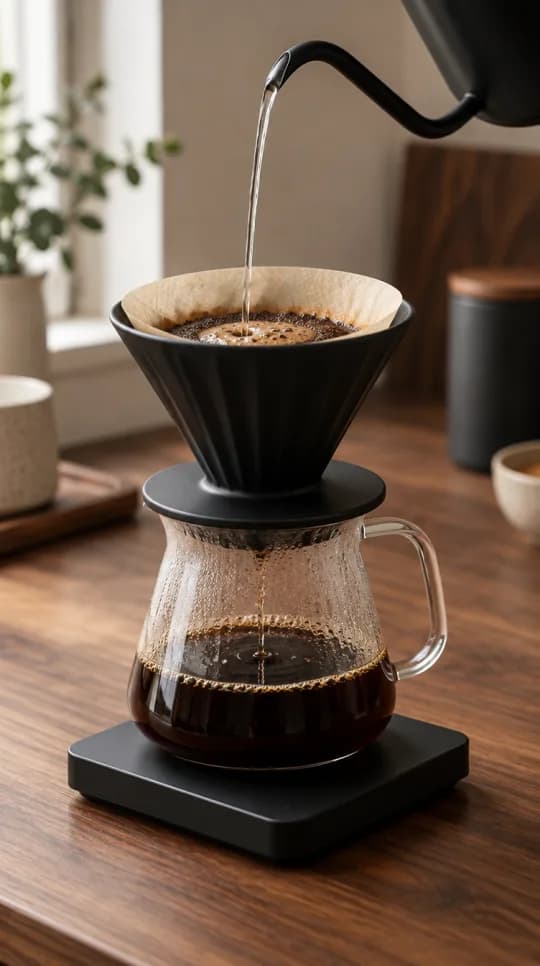 A gooseneck kettle pouring a thin stream into a black dripper on a matte black scale