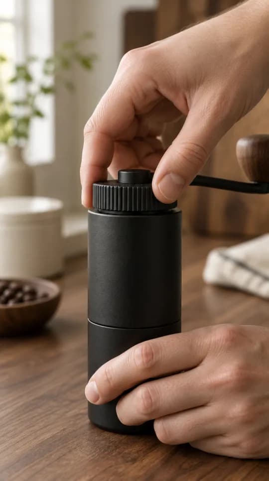 Fingers turning the dial of a matte black hand grinder on a walnut counter