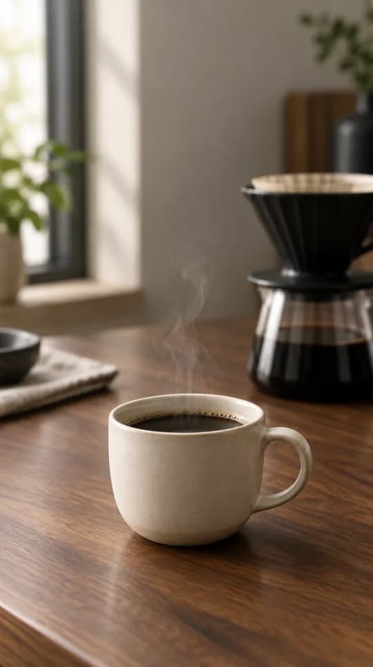 A cream cup of black coffee steaming on a walnut table, a dripper blurred behind