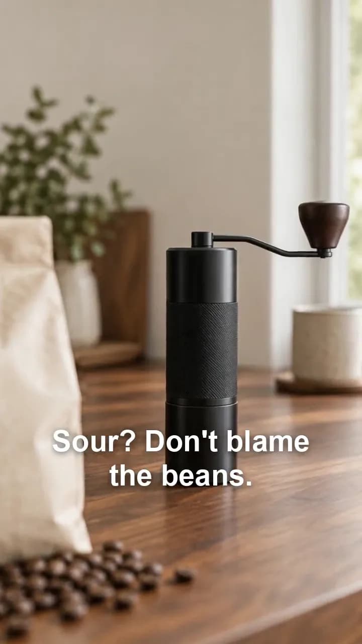 A hand grinder on a walnut counter with the words: Sour? Don't blame the beans.
