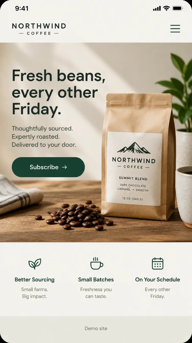 Mobile view: the same headline above a coffee bag photo, with a full-width Subscribe button