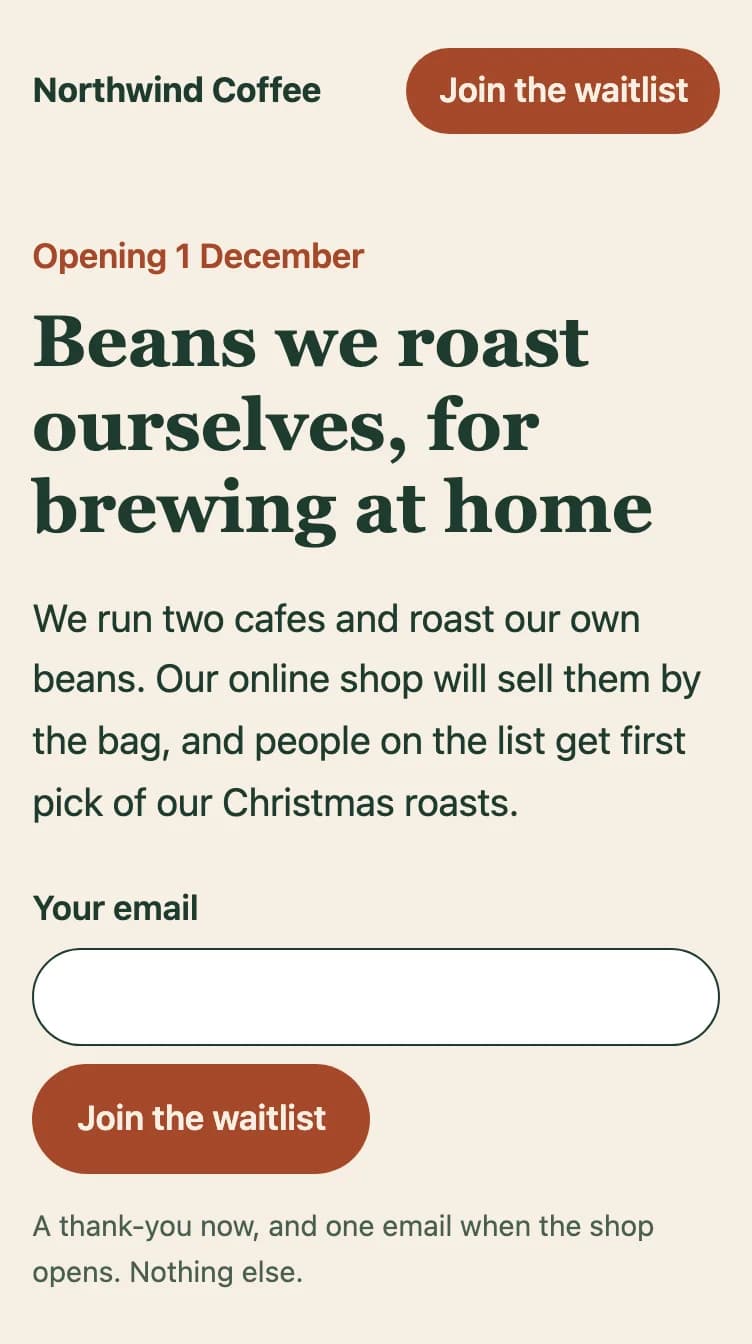 Mobile view: the same headline and intro above a full-width email field and a Join the waitlist button