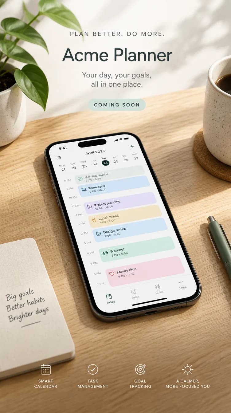 Launch poster: the title Acme Planner, the line Your day, your goals, all in one place, and Coming soon, above a phone on a light oak desk showing a calendar
