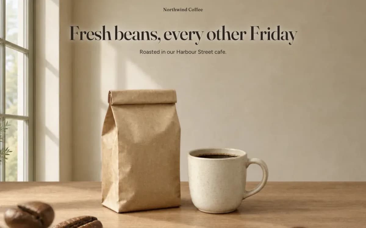 Desktop hero: the headline Fresh beans, every other Friday over a pale kitchen wall, with a kraft bag and a cup on an oak counter and beans close to the lens