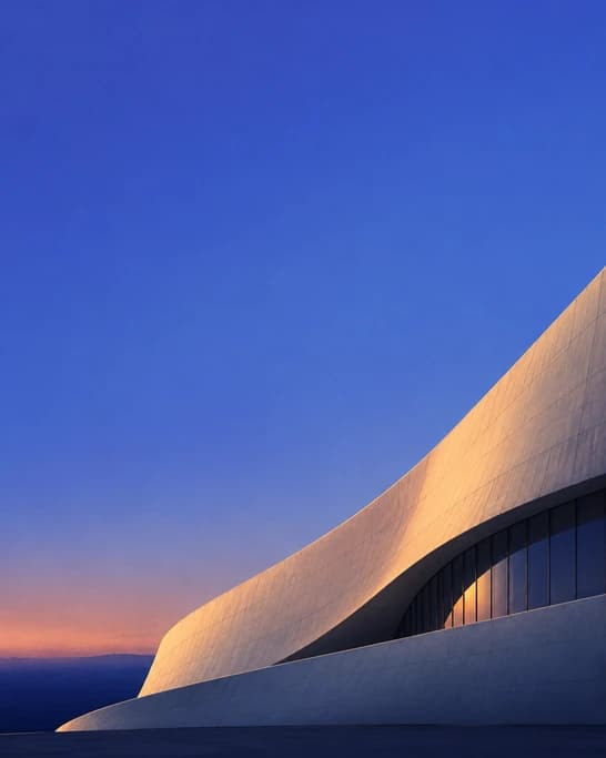 Slide 1: a curved white concrete museum facade against a blue dusk sky