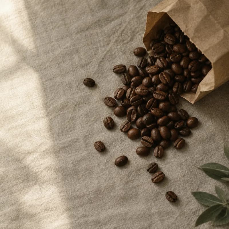 Roasted coffee beans spilling from a kraft paper bag onto linen in soft window light