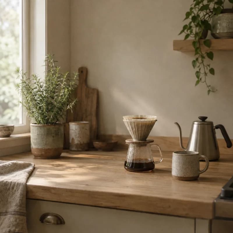 A light oak kitchen counter with a kettle, a pour-over dripper and a potted herb by a window