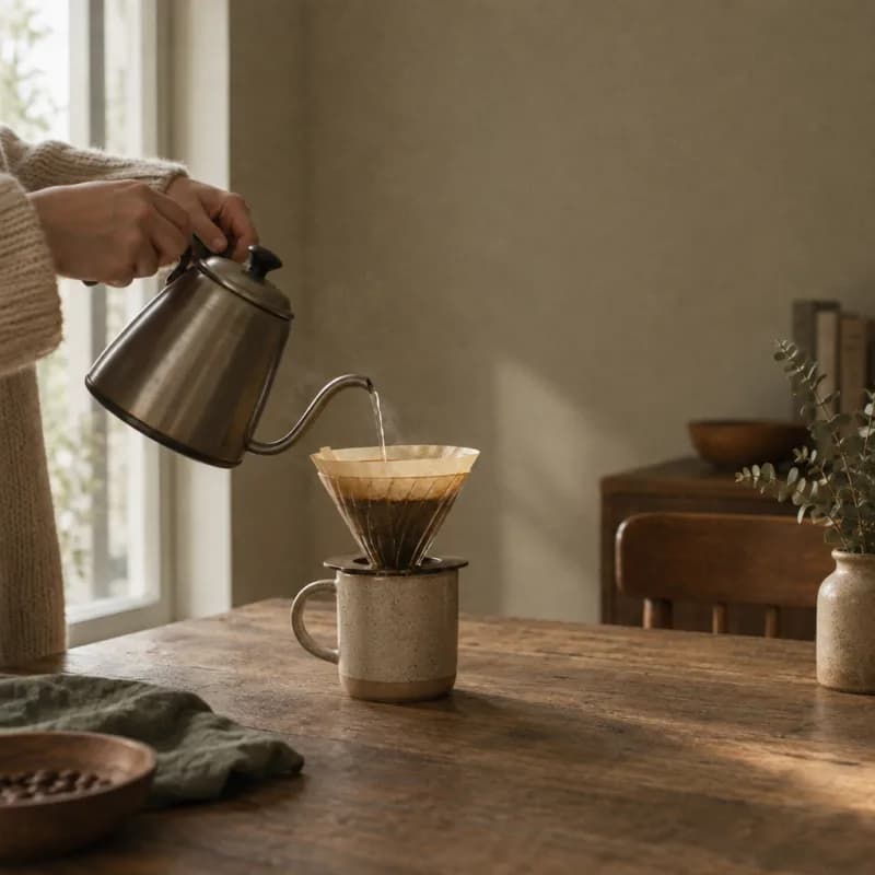 Hands in an oat knit sleeve pouring from a kettle into a paper filter over a mug