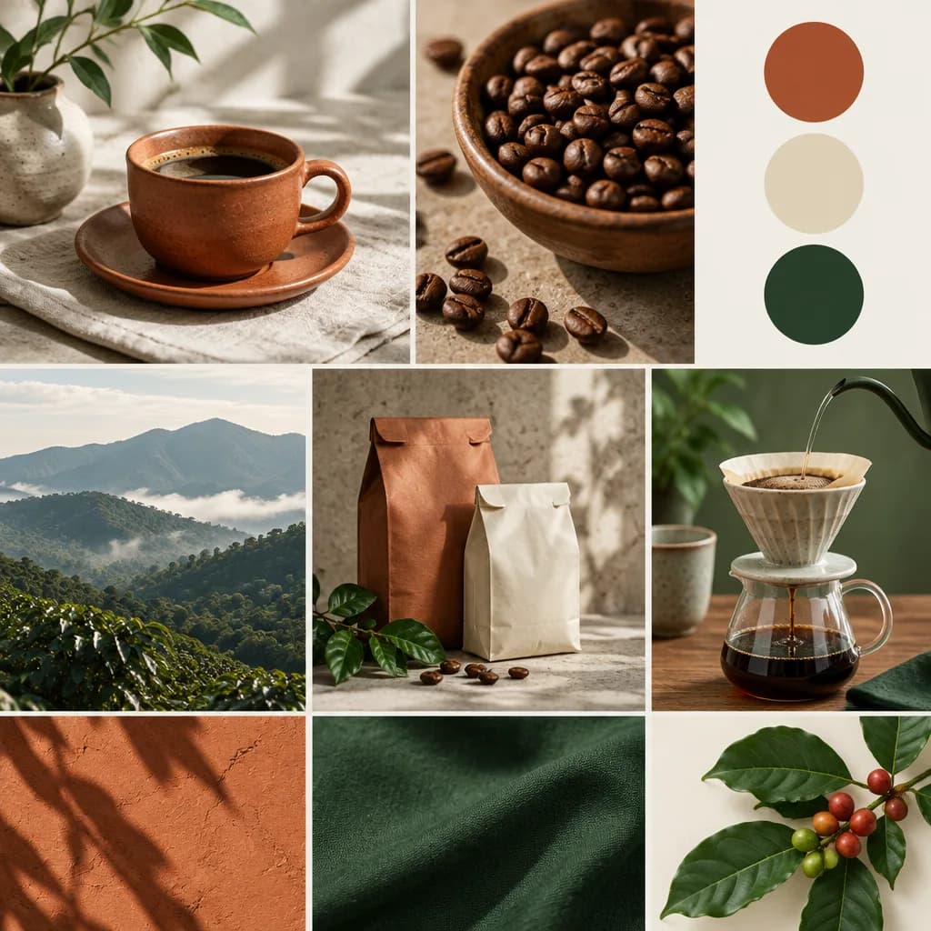 Colour swatches in terracotta, cream and deep green