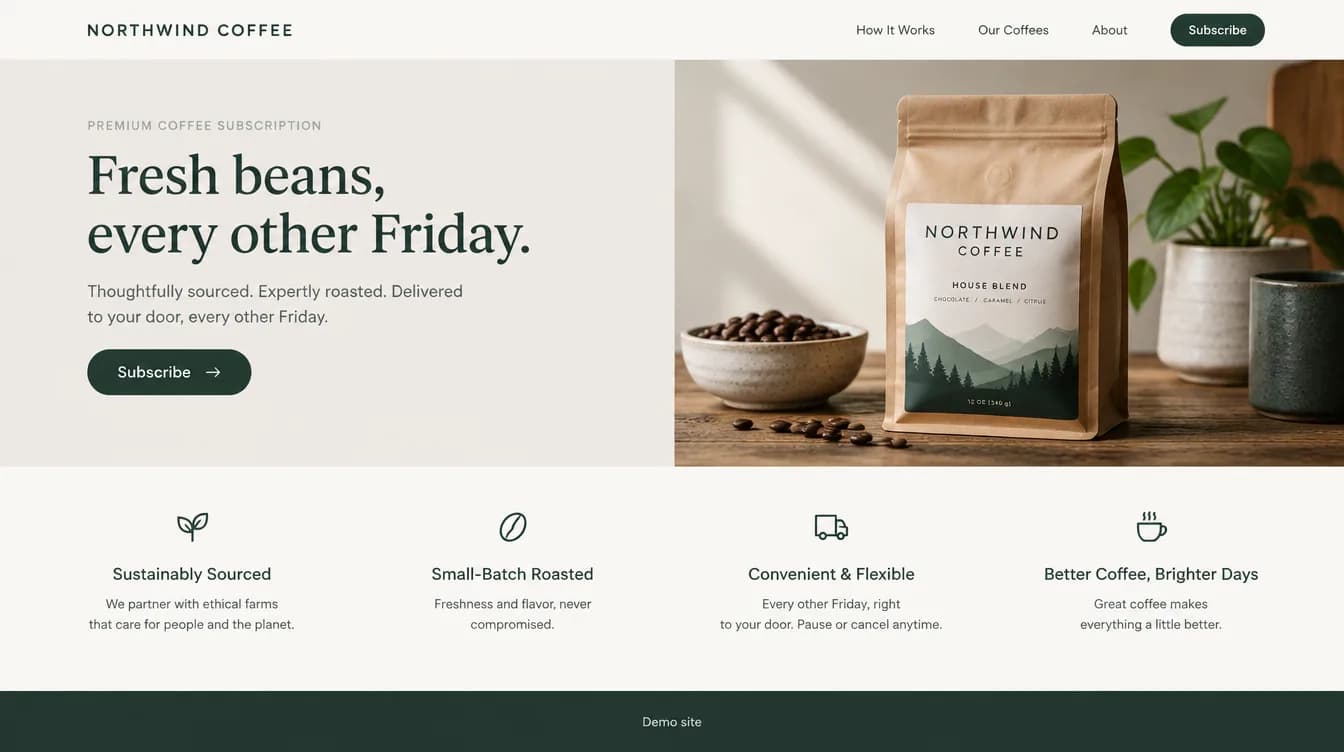 A coffee bag photo beside the headline Fresh beans, every other Friday, with a Subscribe button